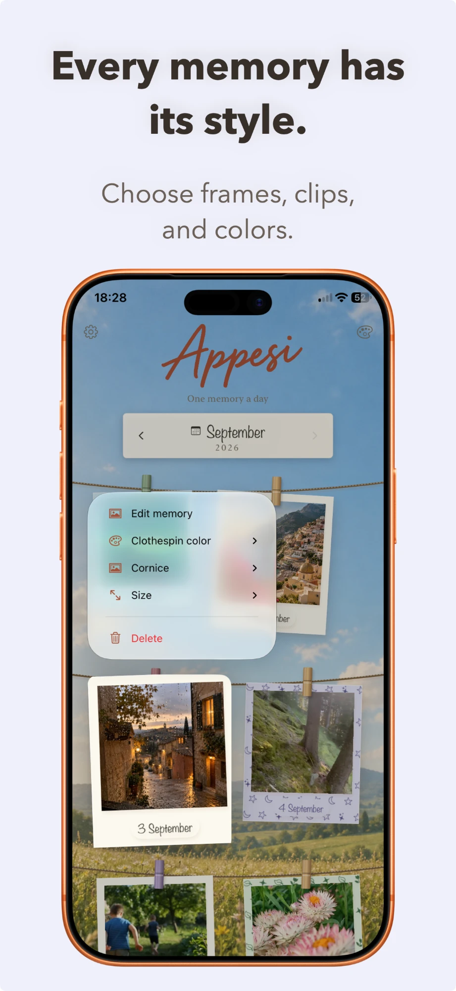 The menu for changing frame, peg colour and Polaroid size.